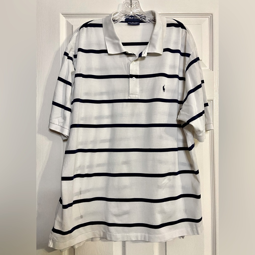 Ralph Lauren Polo Shirt Mens X-Large Short Sleeve PIMA Cotton Blue Striped Golf